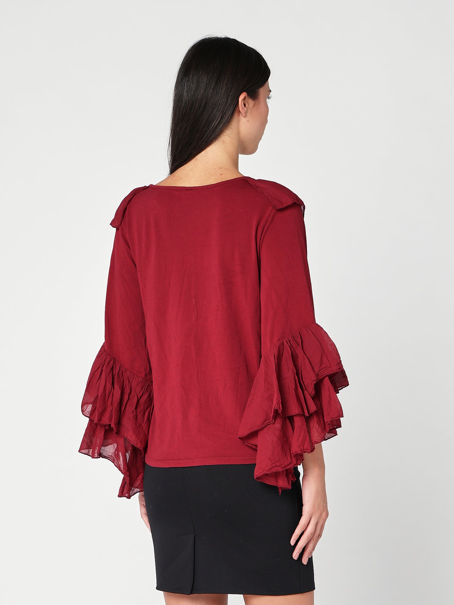 Baumwollpullover mit V-Ausschnitt und Rüschen