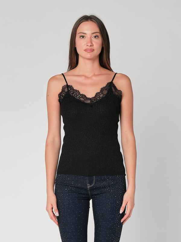 Top a costina in lurex con pizzo