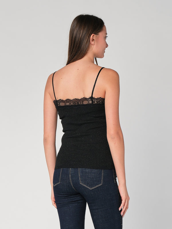 Top a costina in lurex con pizzo
