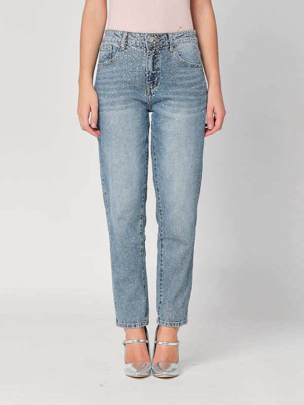 Jeans gamba larga con strass