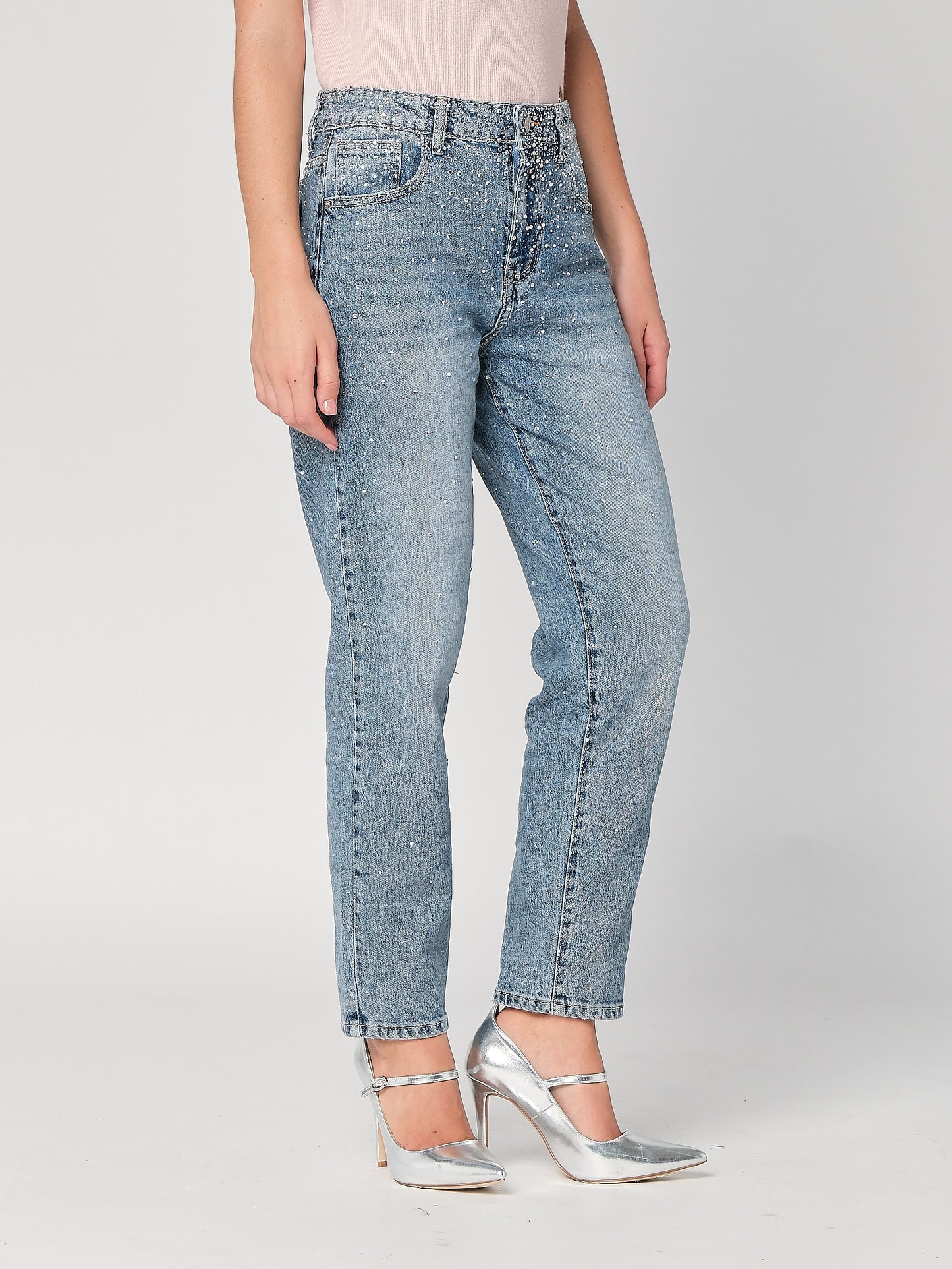 Jeans gamba larga con strass