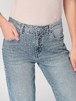 Jeans gamba larga con strass