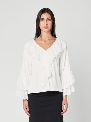 Maglia V in cotone con rouches