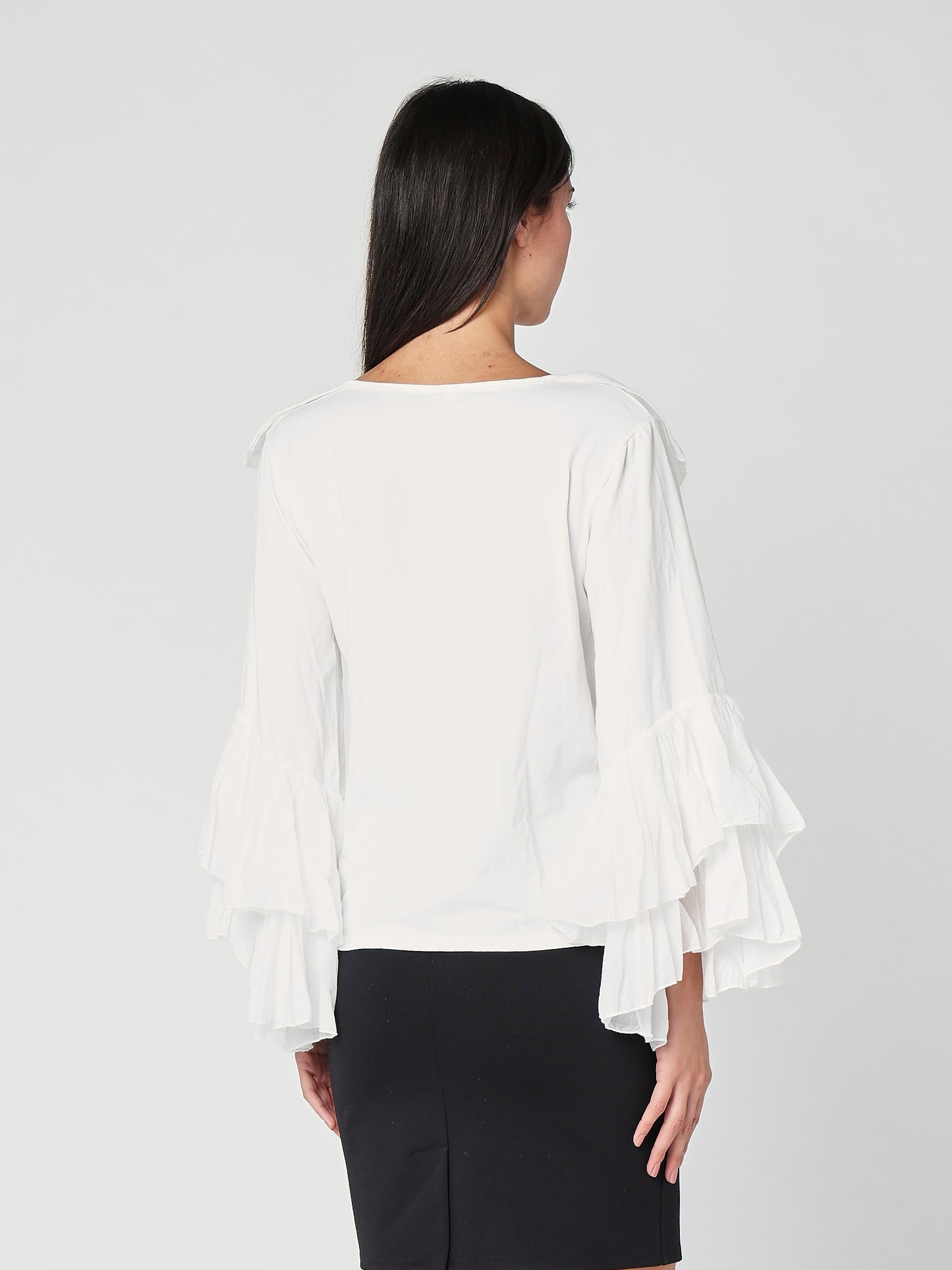 Baumwollpullover mit V-Ausschnitt und Rüschen