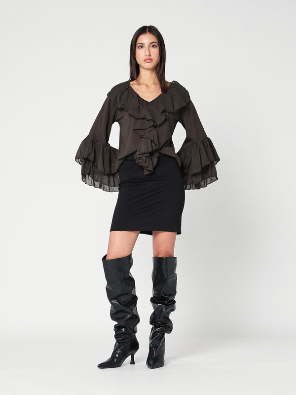 Maglia V in cotone con rouches