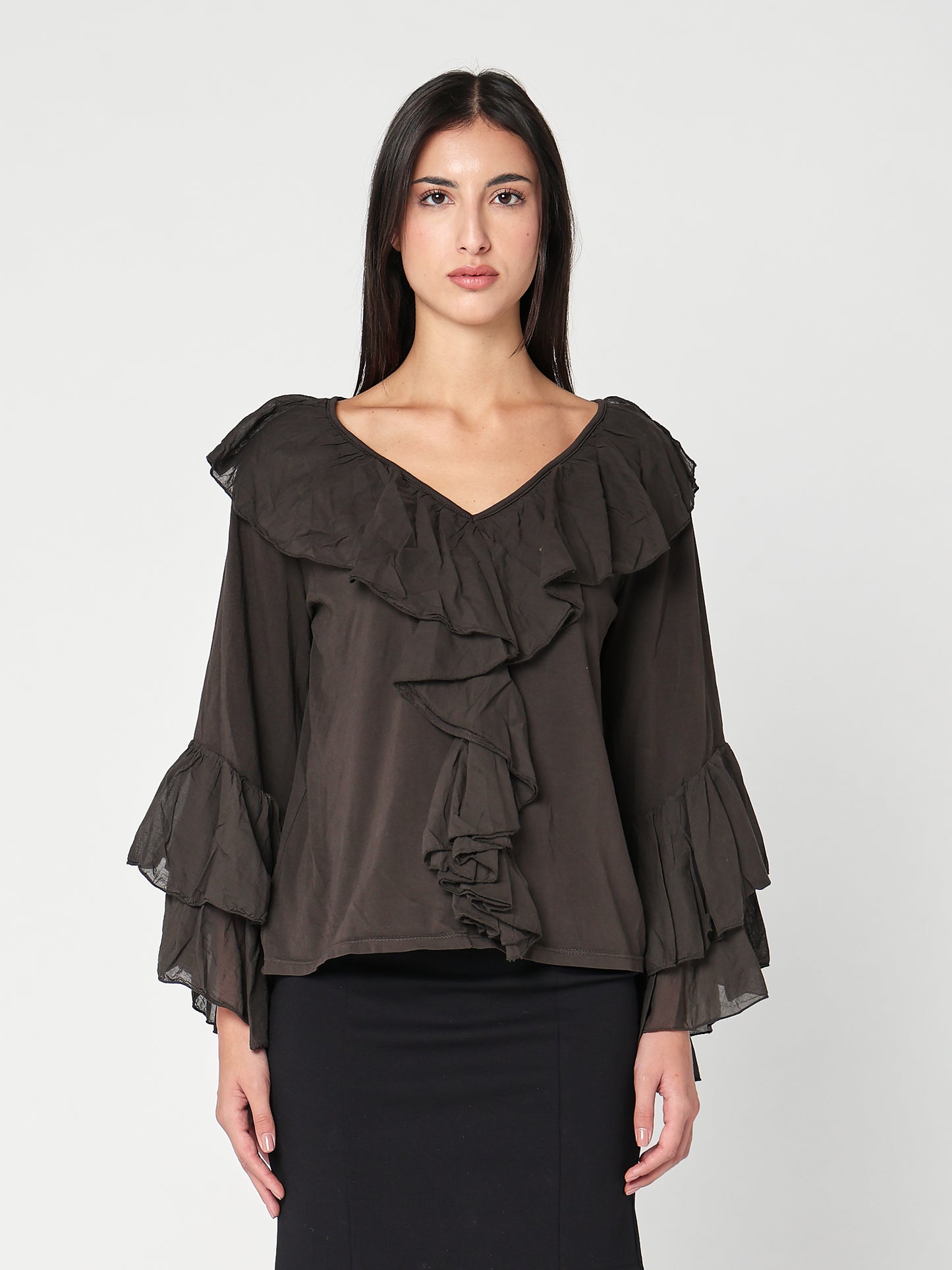 Baumwollpullover mit V-Ausschnitt und Rüschen