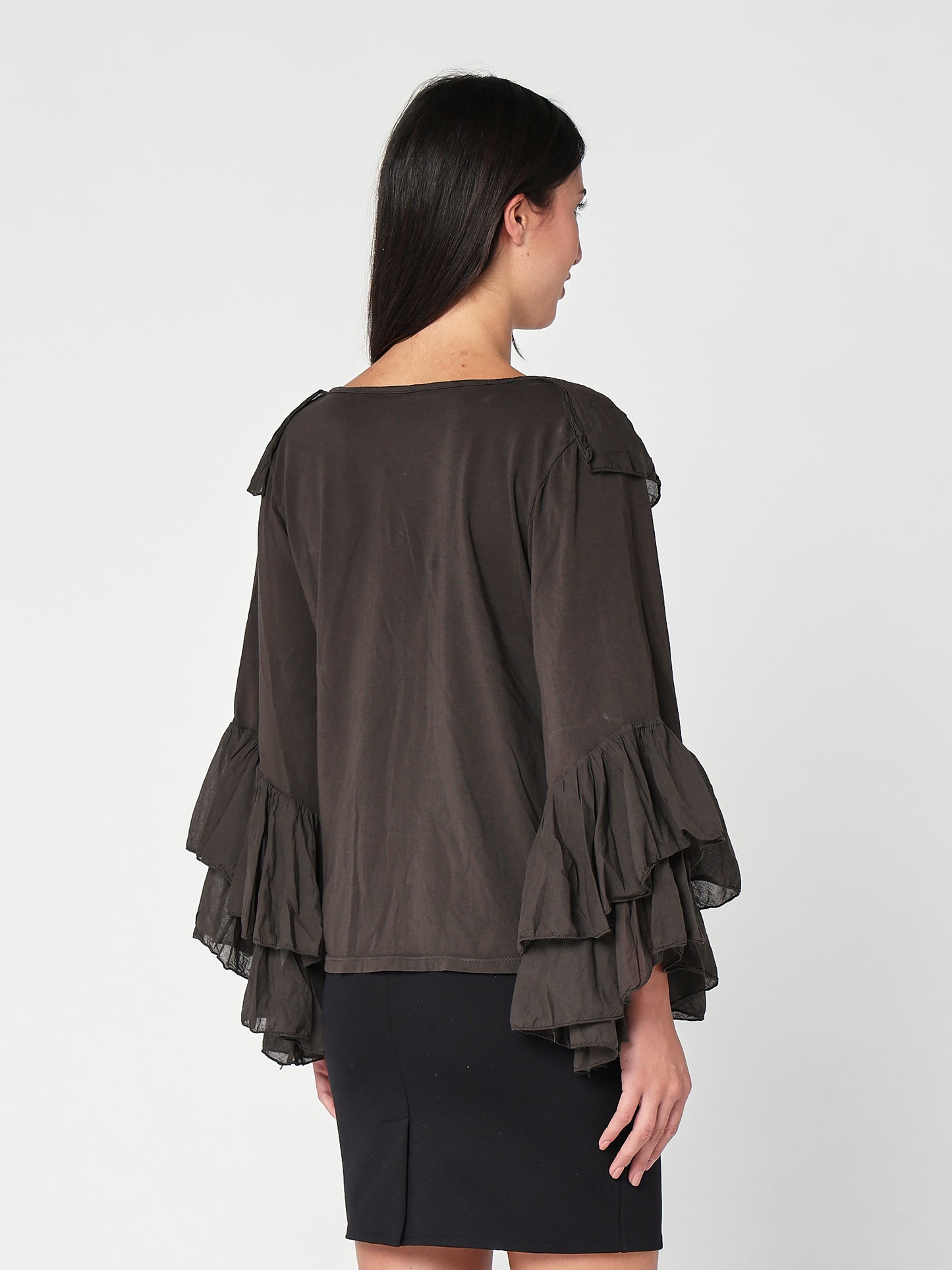 Baumwollpullover mit V-Ausschnitt und Rüschen