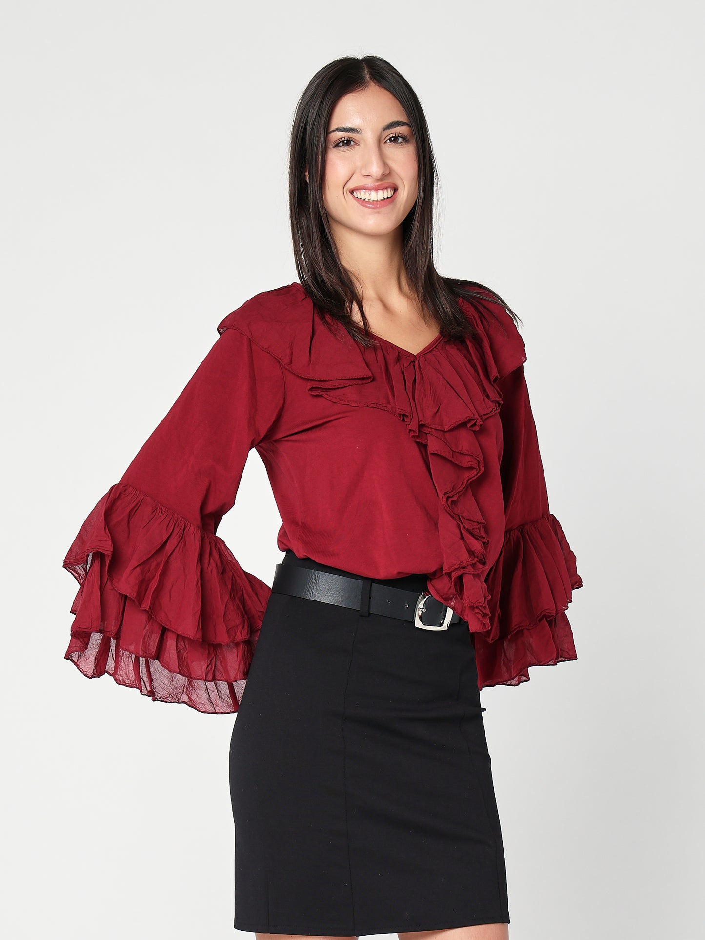 Baumwollpullover mit V-Ausschnitt und Rüschen