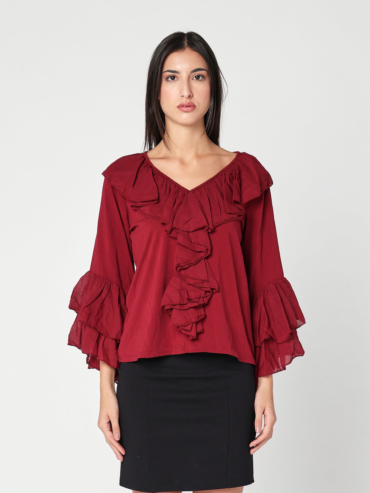 Baumwollpullover mit V-Ausschnitt und Rüschen