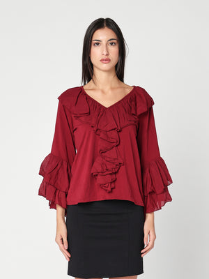 Maglia V in cotone con rouches