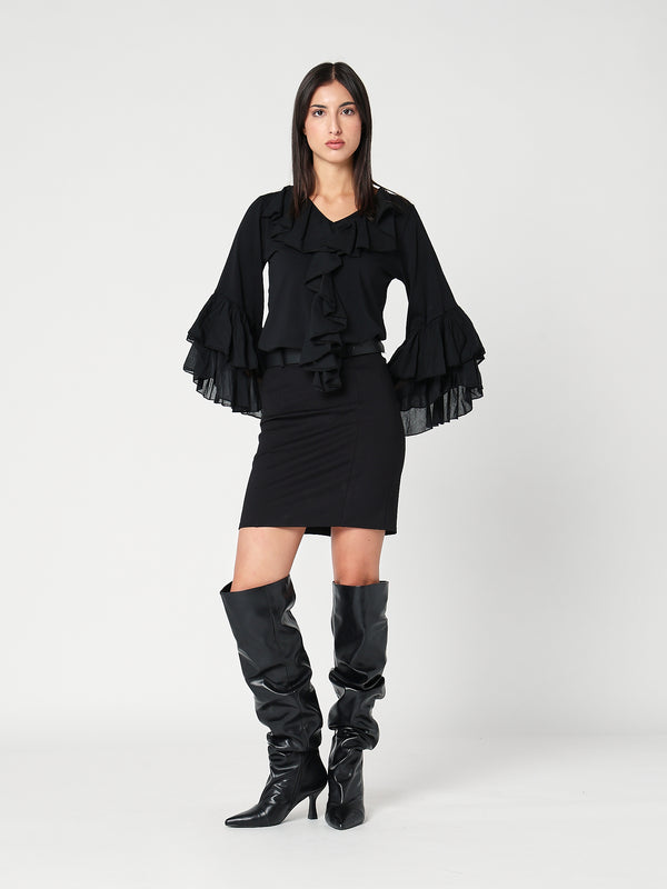 Maglia V in cotone con rouches