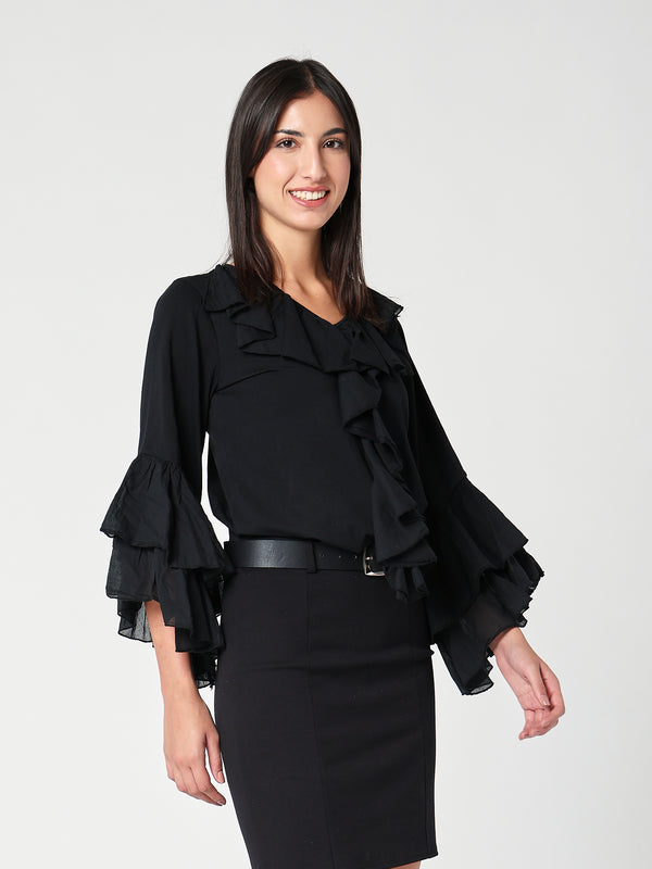 Baumwollpullover mit V-Ausschnitt und Rüschen