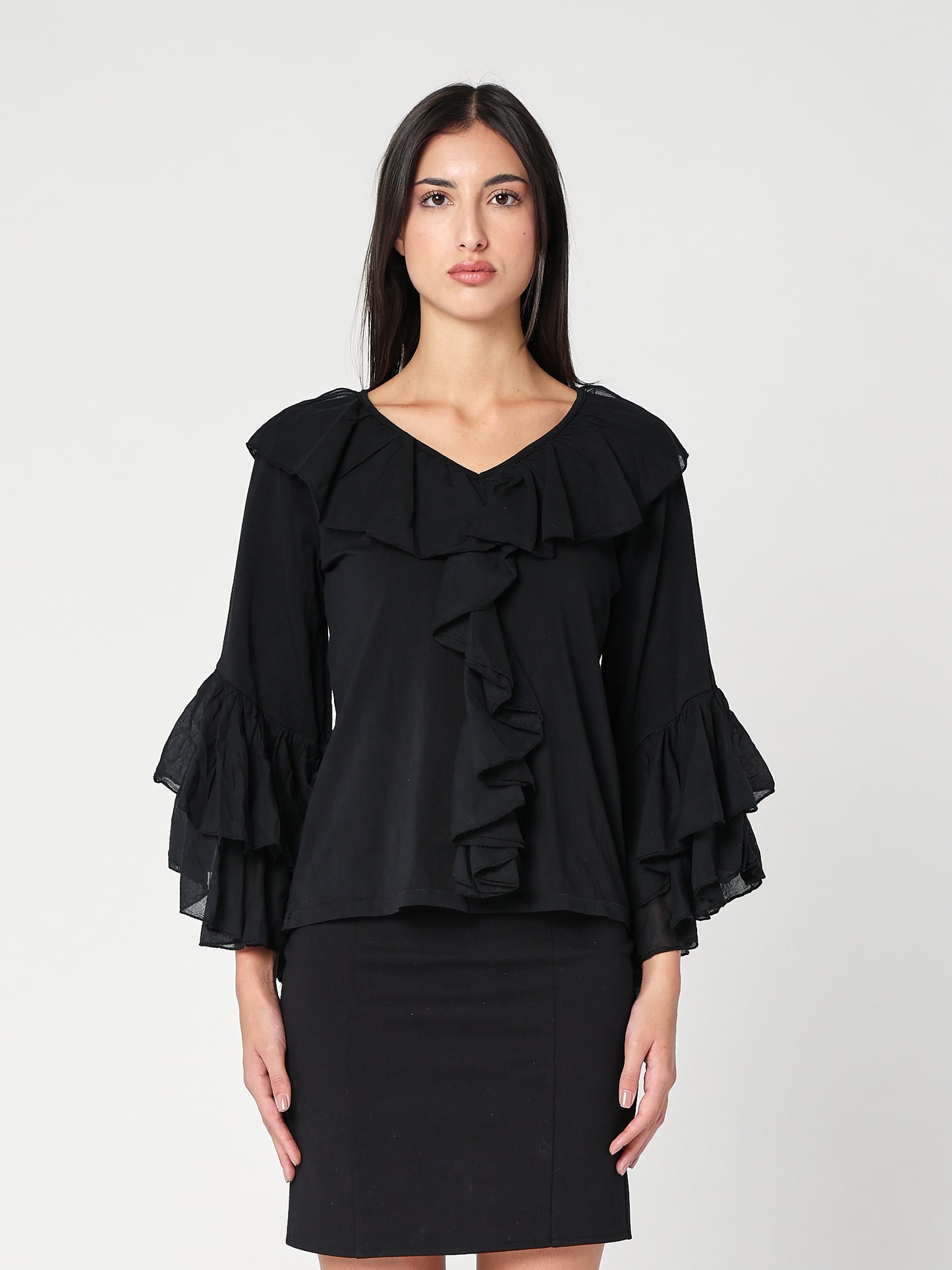 Baumwollpullover mit V-Ausschnitt und Rüschen