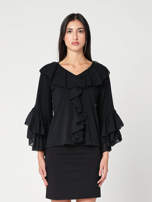 Maglia V in cotone con rouches