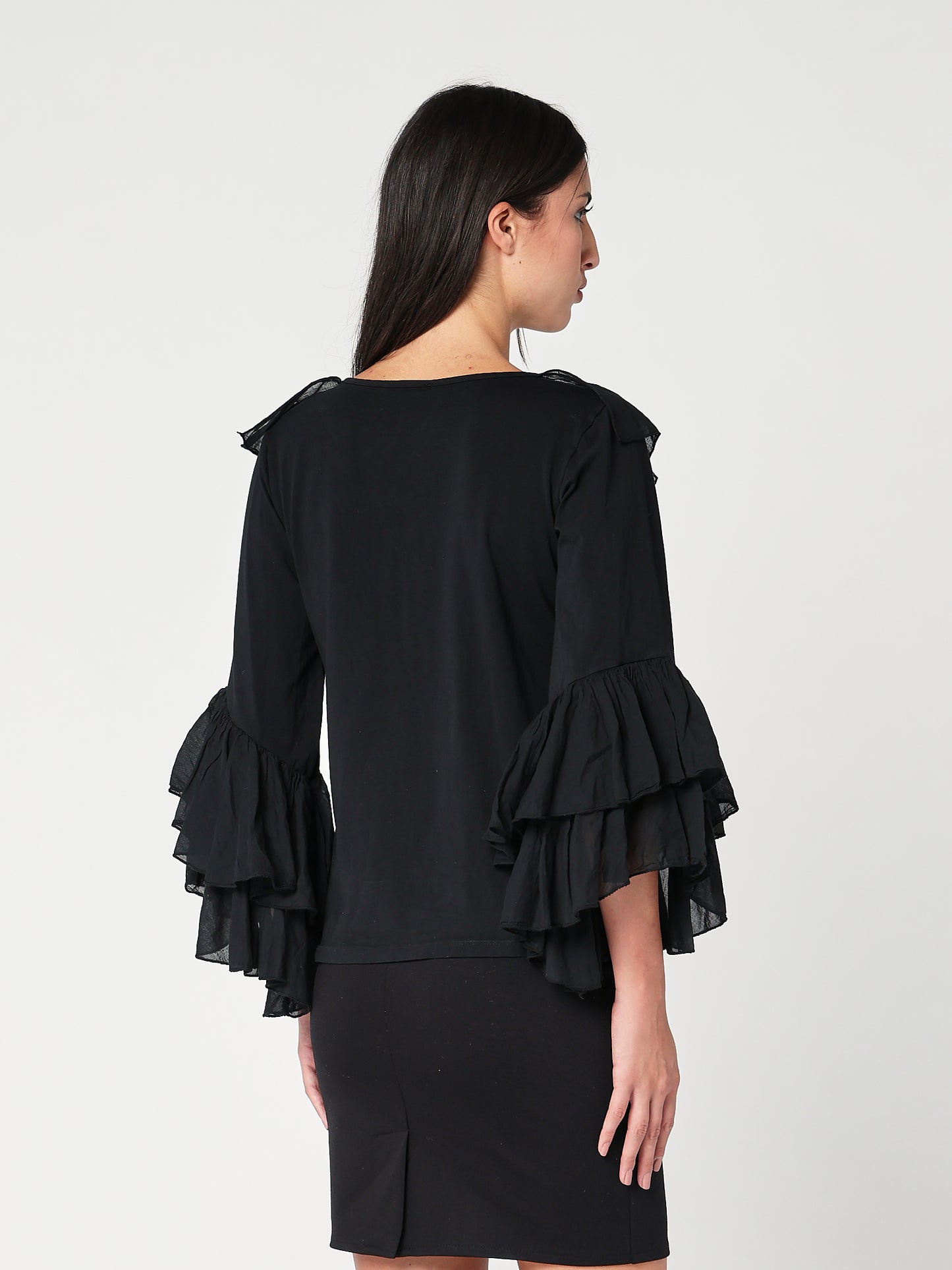 Baumwollpullover mit V-Ausschnitt und Rüschen