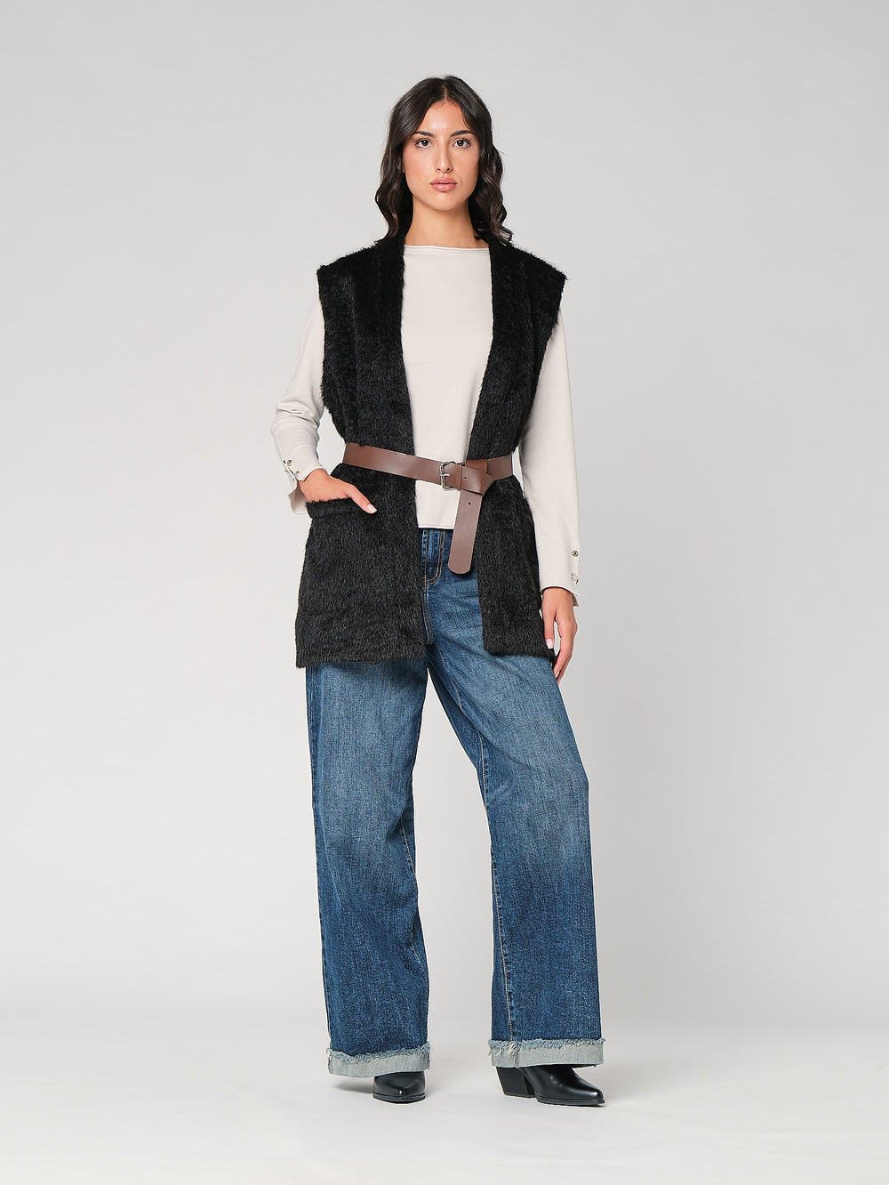 Gilet pelliccia con cintura