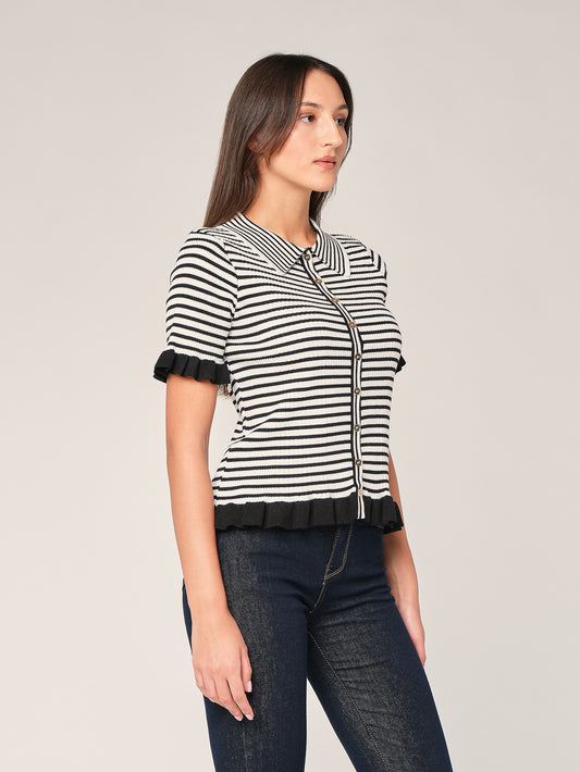 Top a righe con collo a camicia