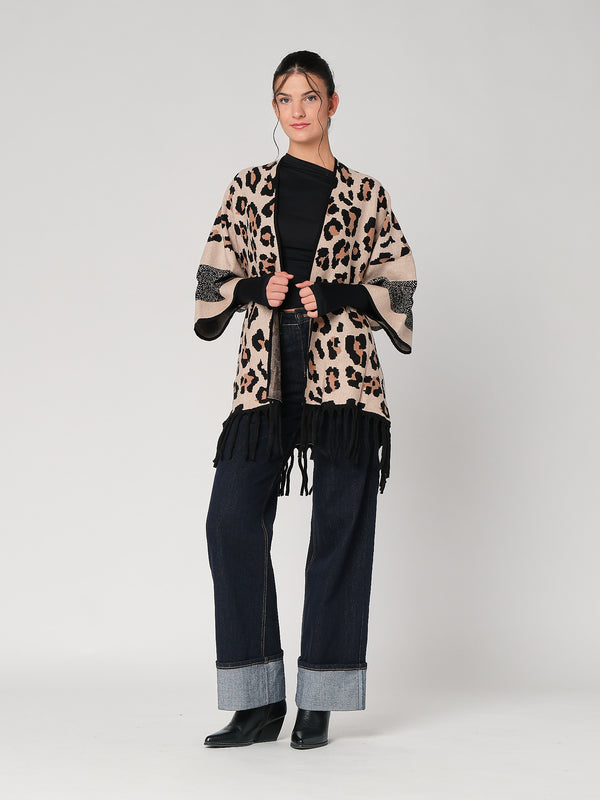 Cardigan maculato con frange