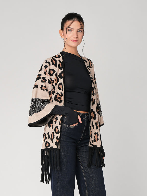 Cardigan maculato con frange