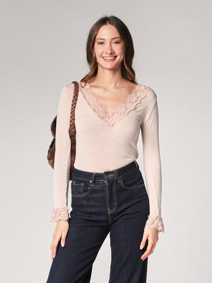 Maglia cashmere collo V pizzo