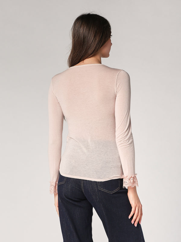 Maglia cashmere collo V pizzo