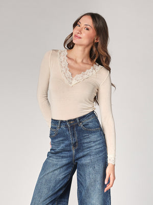 Maglia cashmere collo V pizzo