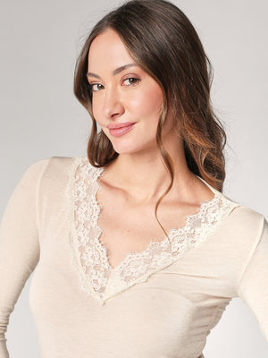 Maglia cashmere collo V pizzo