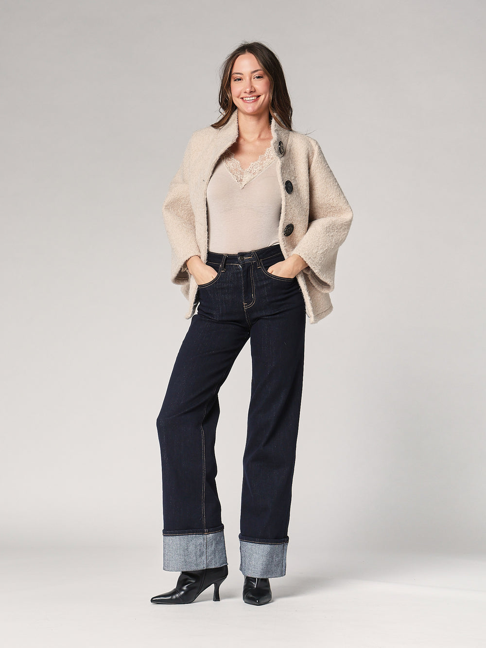 Maglia cashmere collo V pizzo