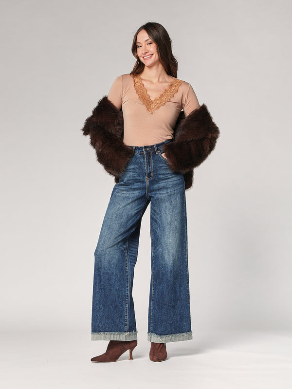 Maglia cashmere collo V pizzo