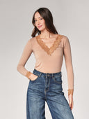 Maglia cashmere collo V pizzo