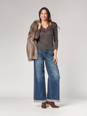 Maglia cashmere collo V pizzo