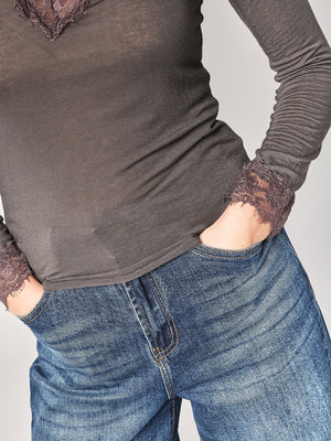 Maglia cashmere collo V pizzo