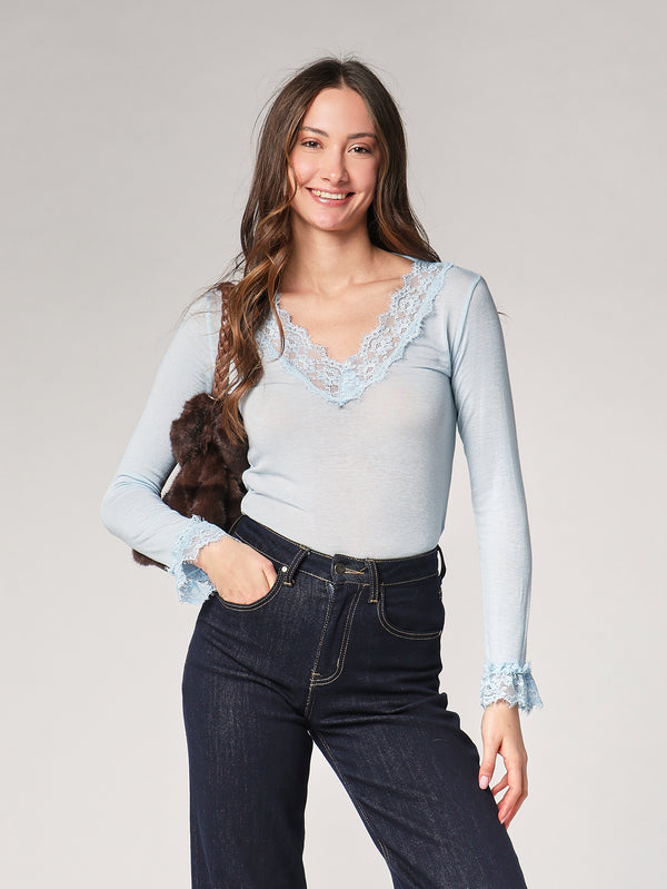 Maglia cashmere collo V pizzo