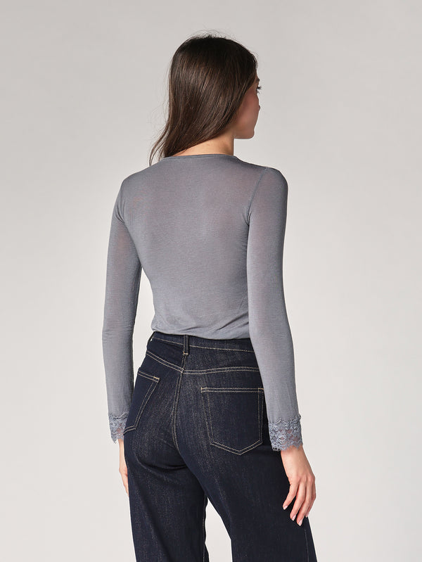 Maglia cashmere collo V pizzo