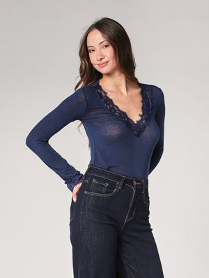 Maglia cashmere collo V pizzo