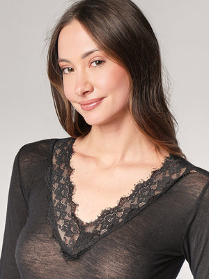 Maglia cashmere collo V pizzo