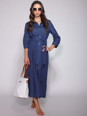Abito Blu in lino con bottoni
