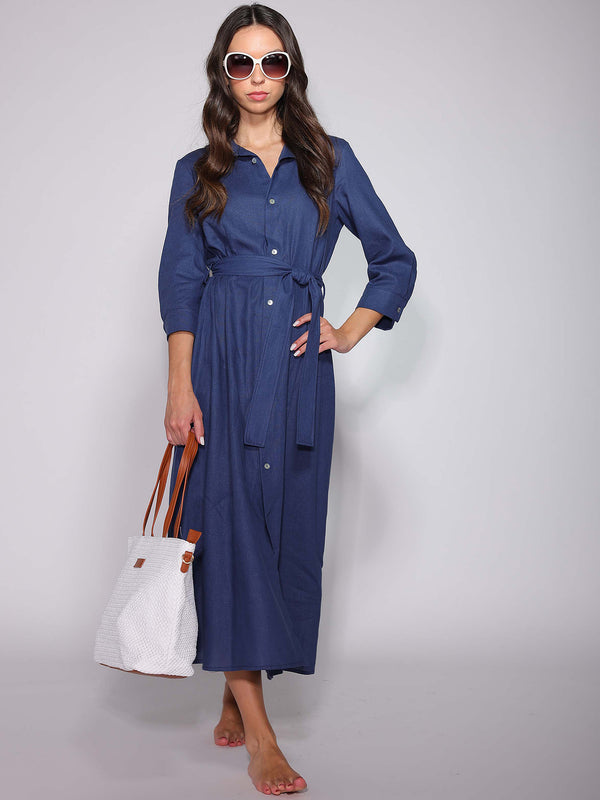 Abito Blu in lino con bottoni