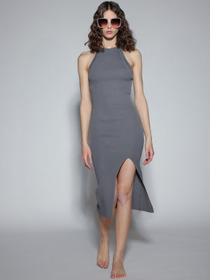 Abito a costina con spacco Grigio