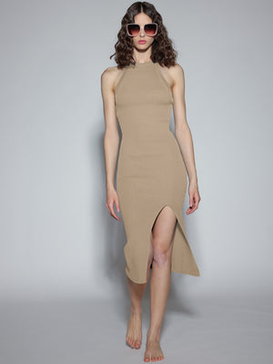 Abito a costina con spacco Beige