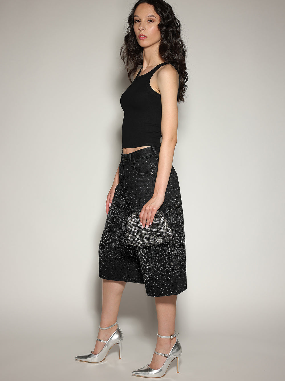 Bermuda jeans Nero strass