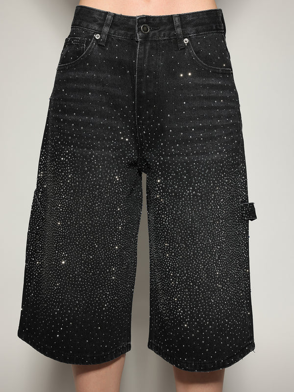 Bermuda jeans Nero strass
