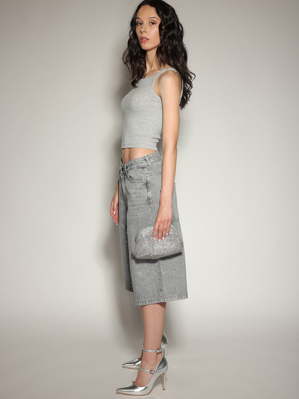 Bermuda jeans Grigio con strass