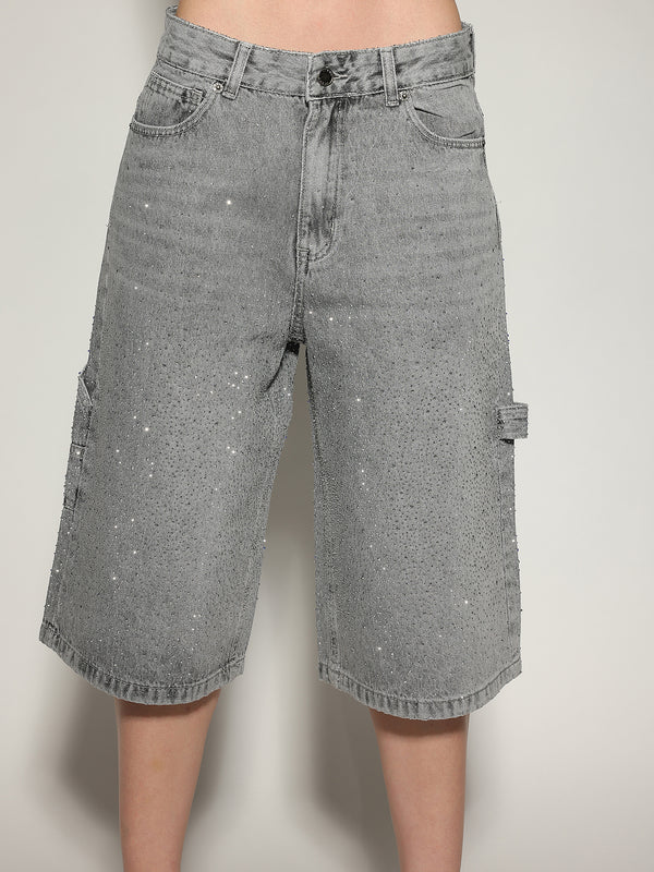 Bermuda jeans Grigio con strass