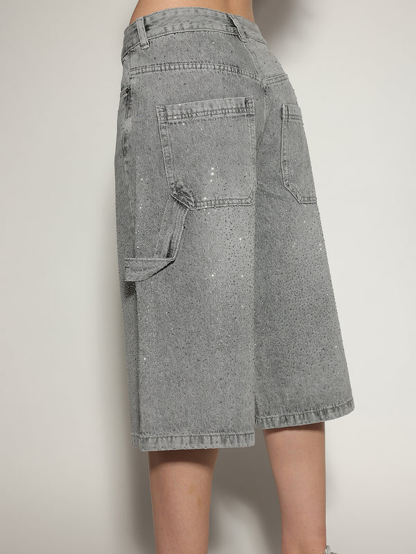 Bermuda jeans Grigio con strass