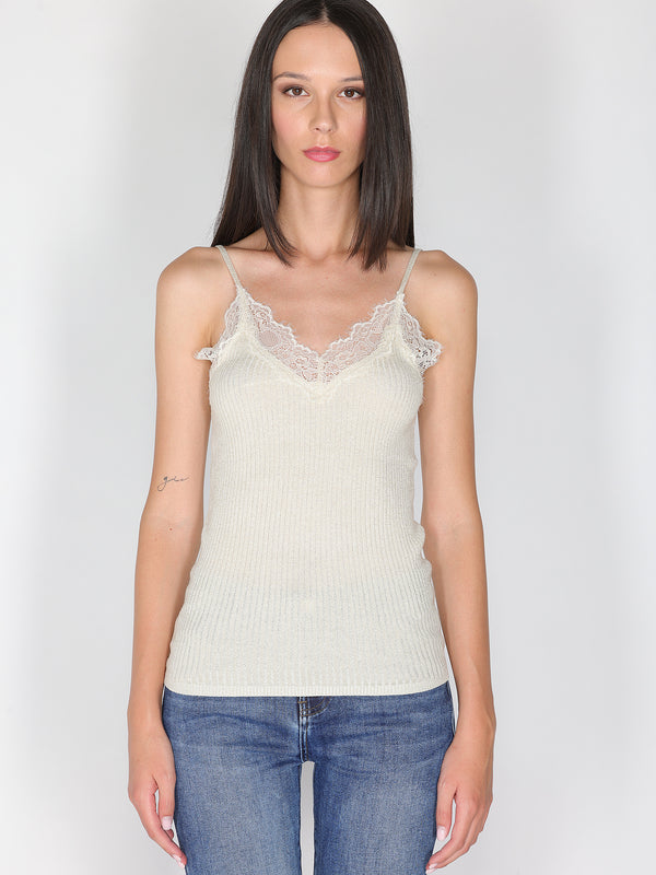 Top a costina in lurex con pizzo