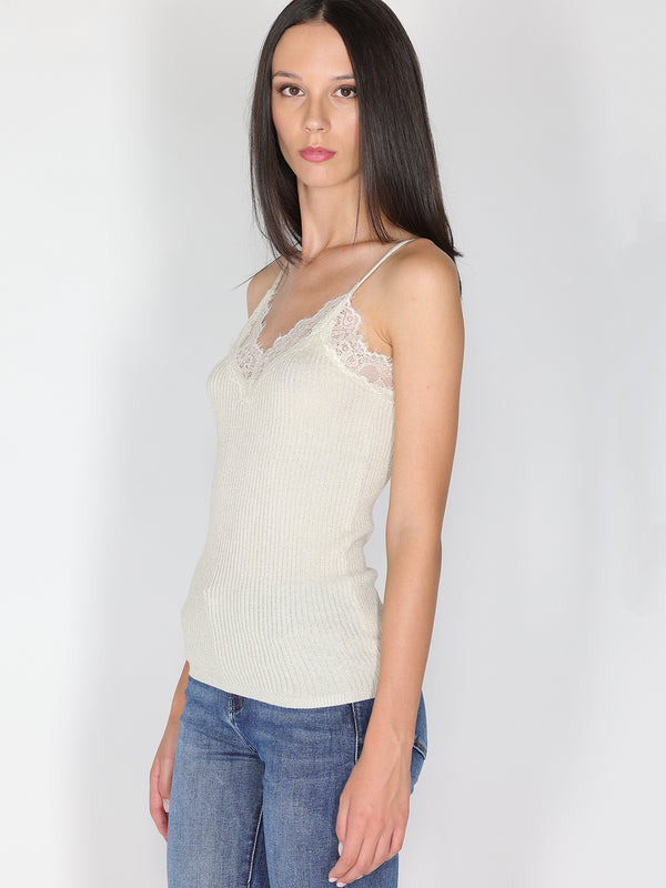 Top a costina in lurex con pizzo