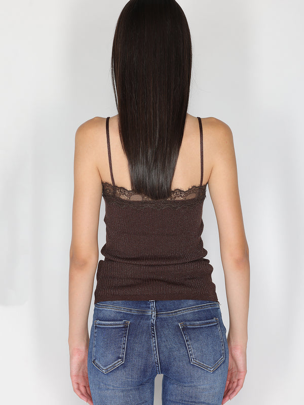 Top a costina in lurex con pizzo