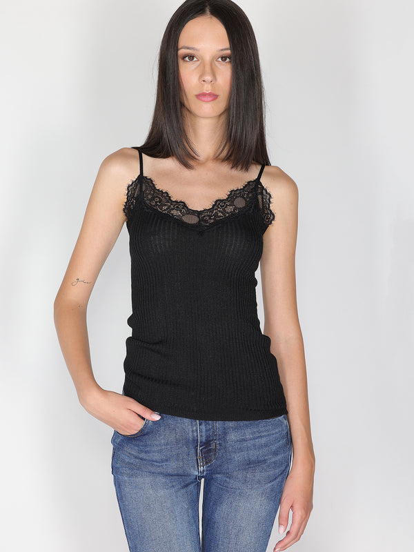 Top a costina in lurex con pizzo