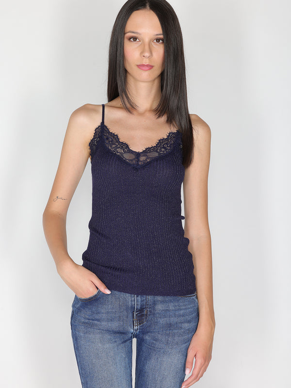 Top a costina in lurex con pizzo